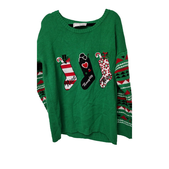 Ugly Christmas Sweater Womens Green Stockings Naughty Nice Size 2X - Picture 1 of 9